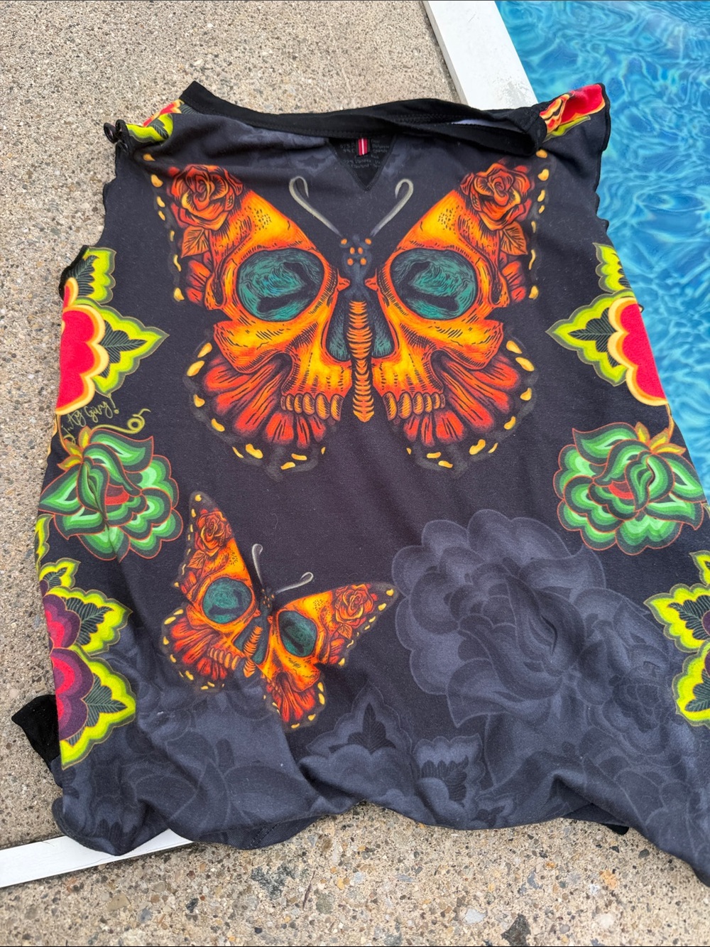 Colorful Skull Butterfly Graphic Tank Top - Black with Orange & Teal